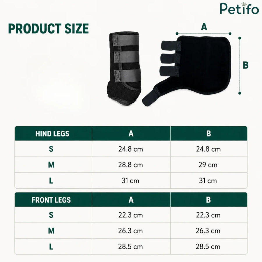 Tabella delle taglie del prodotto con le dimensioni esatte delle protezioni per le gambe posteriori e anteriori del cavallo nelle taglie piccola, media e grande.