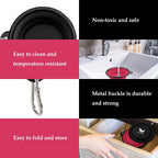 Collapsible silicone dog bowl features including durable metal carabiner clip