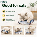 Fluffy cat playing with Petifo realistic flopping fish toy showing key benefits