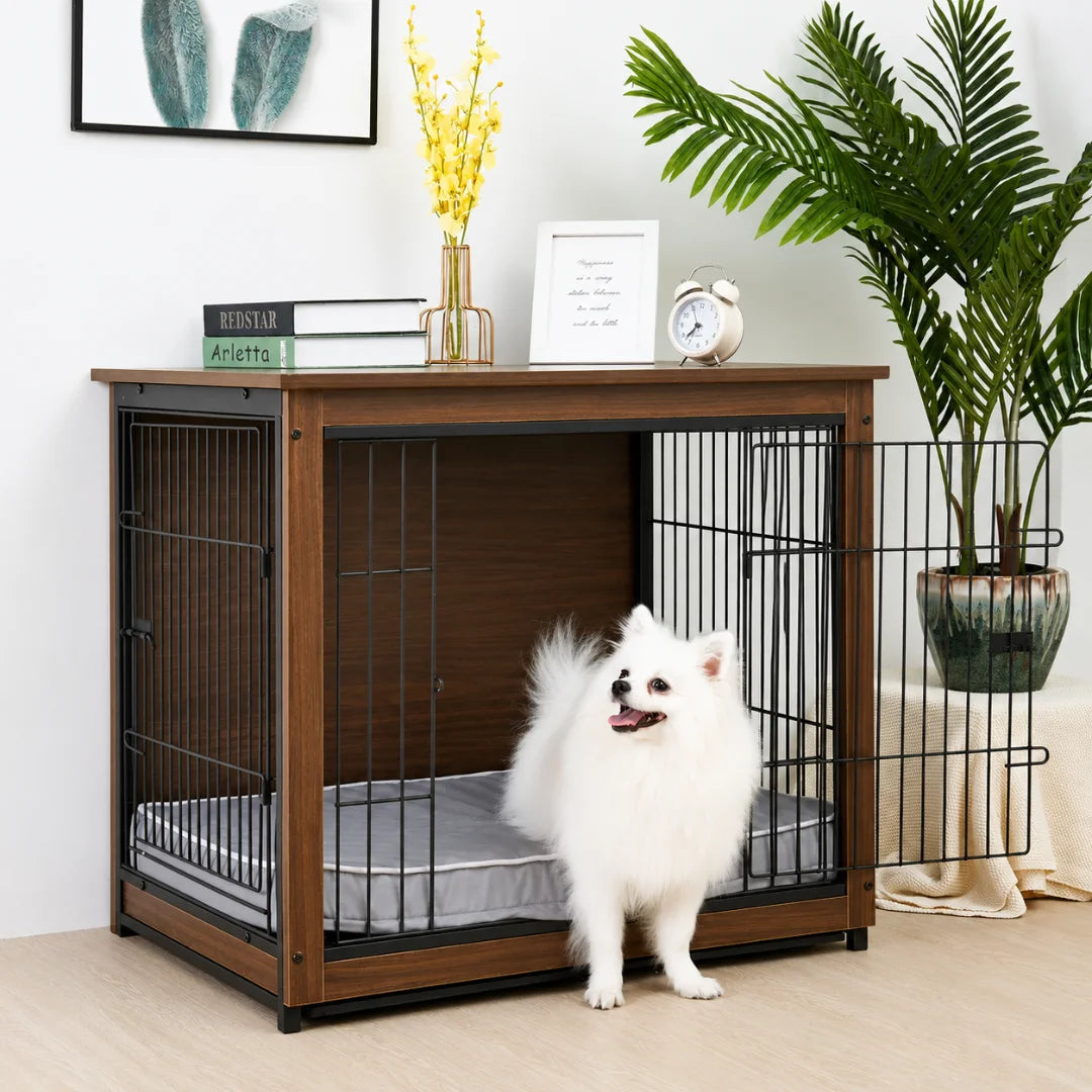 A fluffy white dog relaxing inside a dark wood Petifo dog crate end table styled with a comfortable interior cushion.