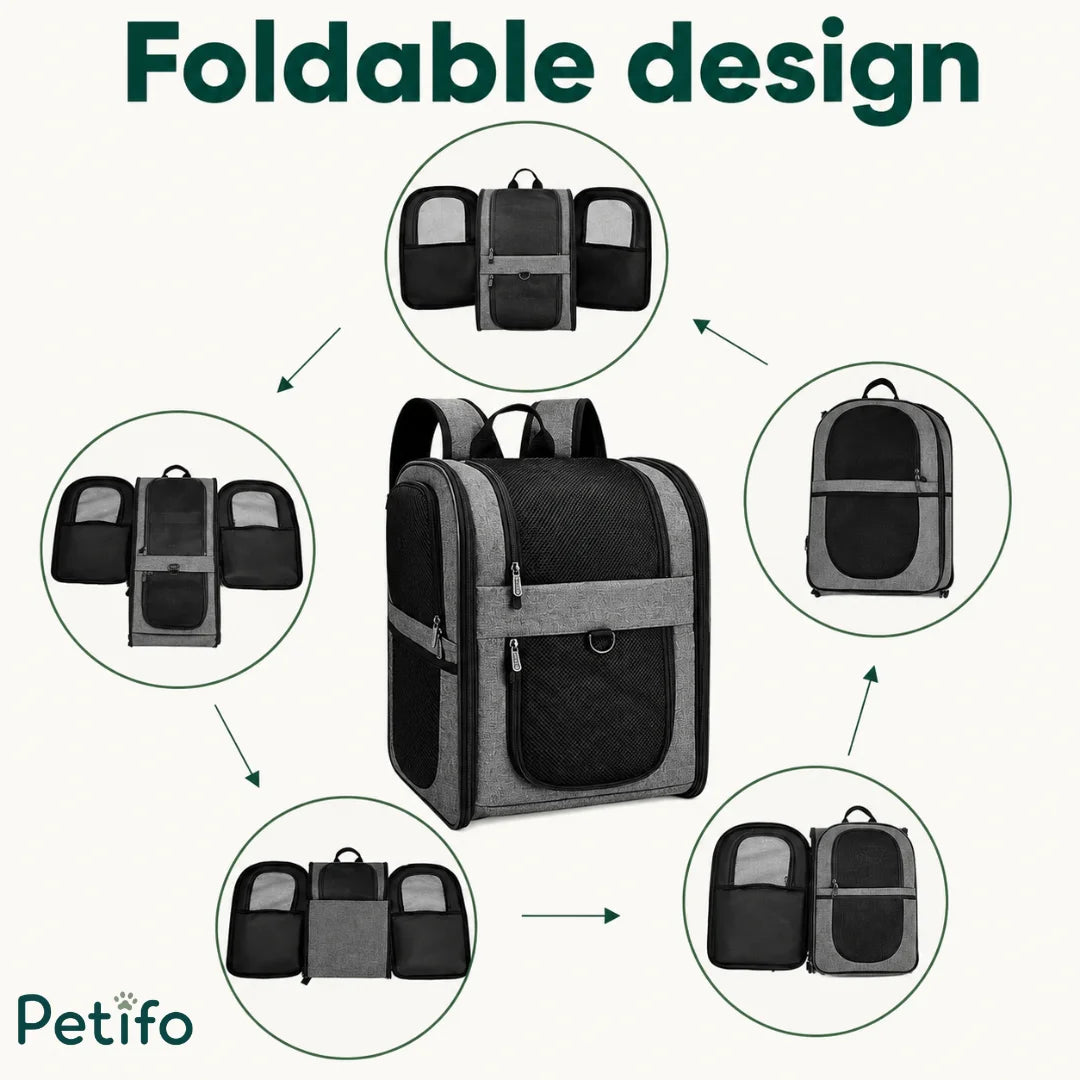 Diagram illustrating the convenient foldable design of the gray pet backpack from multiple angles.