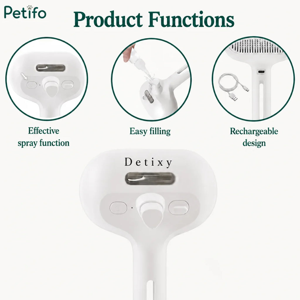 A product functions overview highlighting the effective spray function, easy filling, and rechargeable design of the Petifo grooming brush.