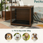 A Petifo wooden dog crate furniture piece featured as a living room side table, suitable for dogs weighing under 20kg.
