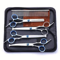 Complete professional dog grooming scissors and comb kit stored securely in a black leather case.