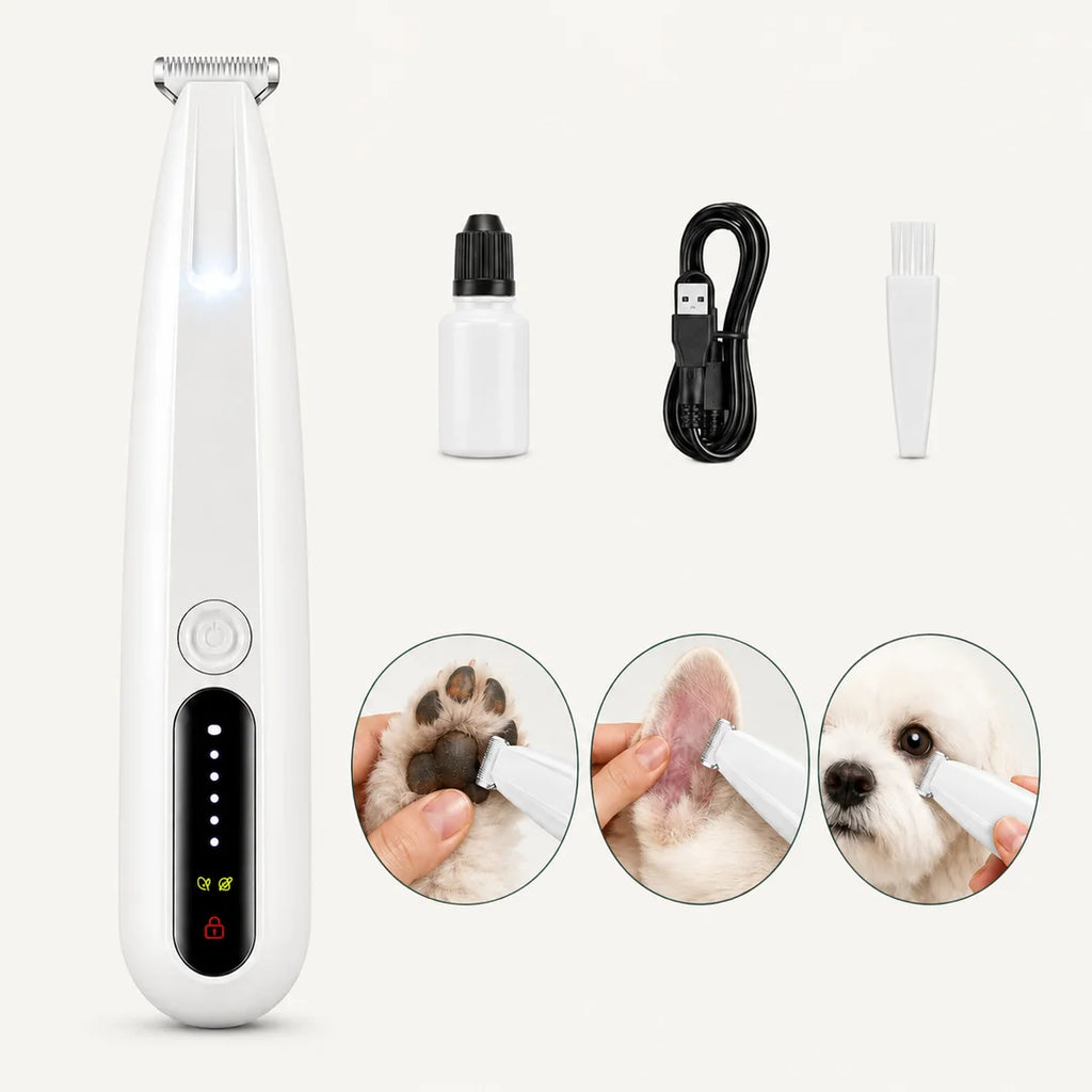 Comprehensive professional pet trimmer set complete with guide combs, cleaning accessories, and detail grooming blades.