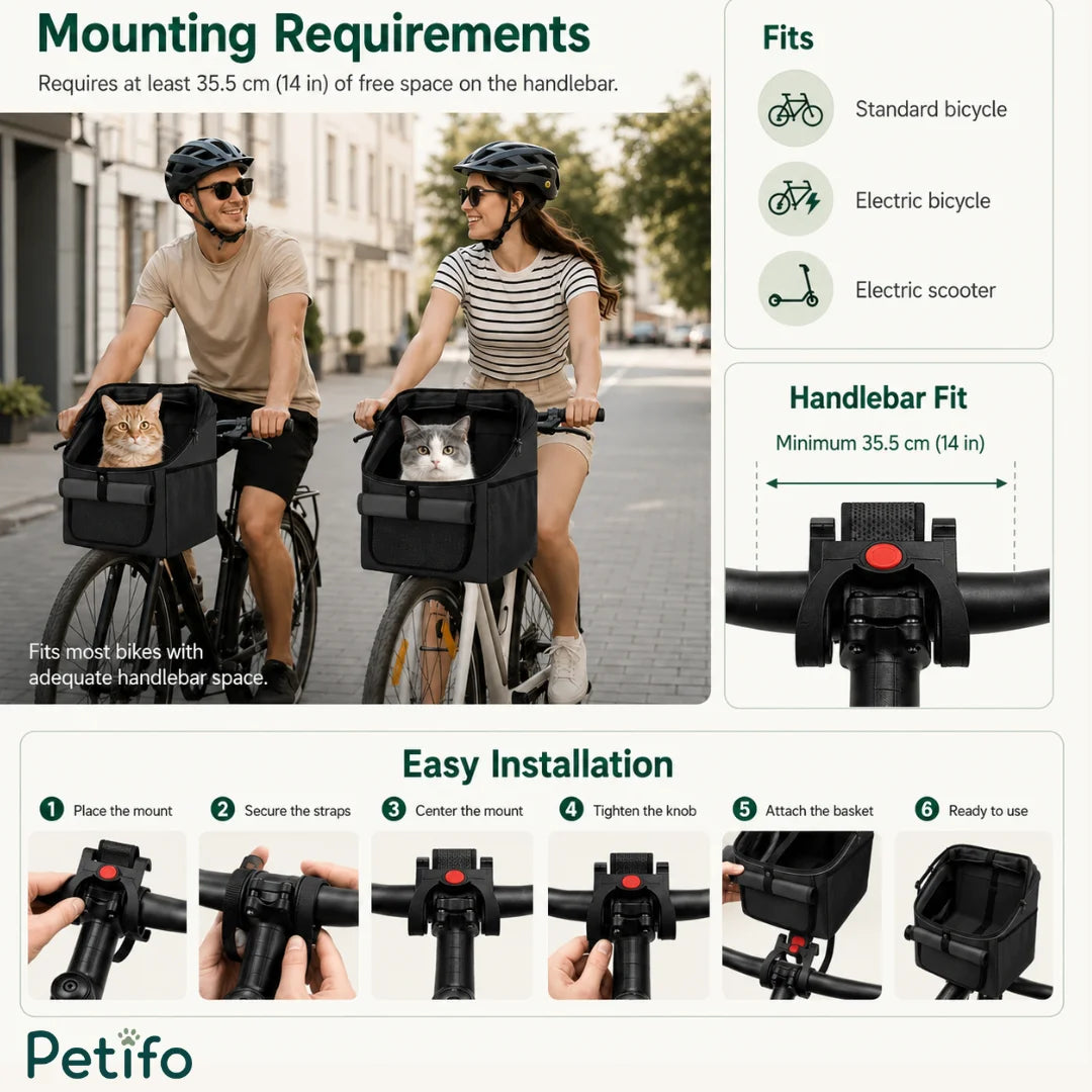 Installation guide and handlebar requirements for mounting the Petifo pet bike basket.