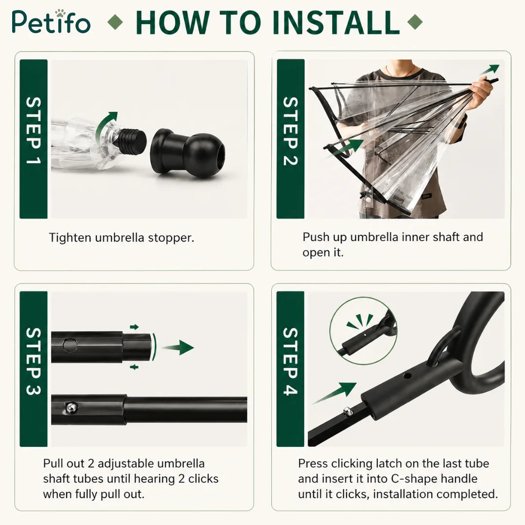 A step-by-step instructional graphic demonstrating how to assemble and open the pet umbrella.