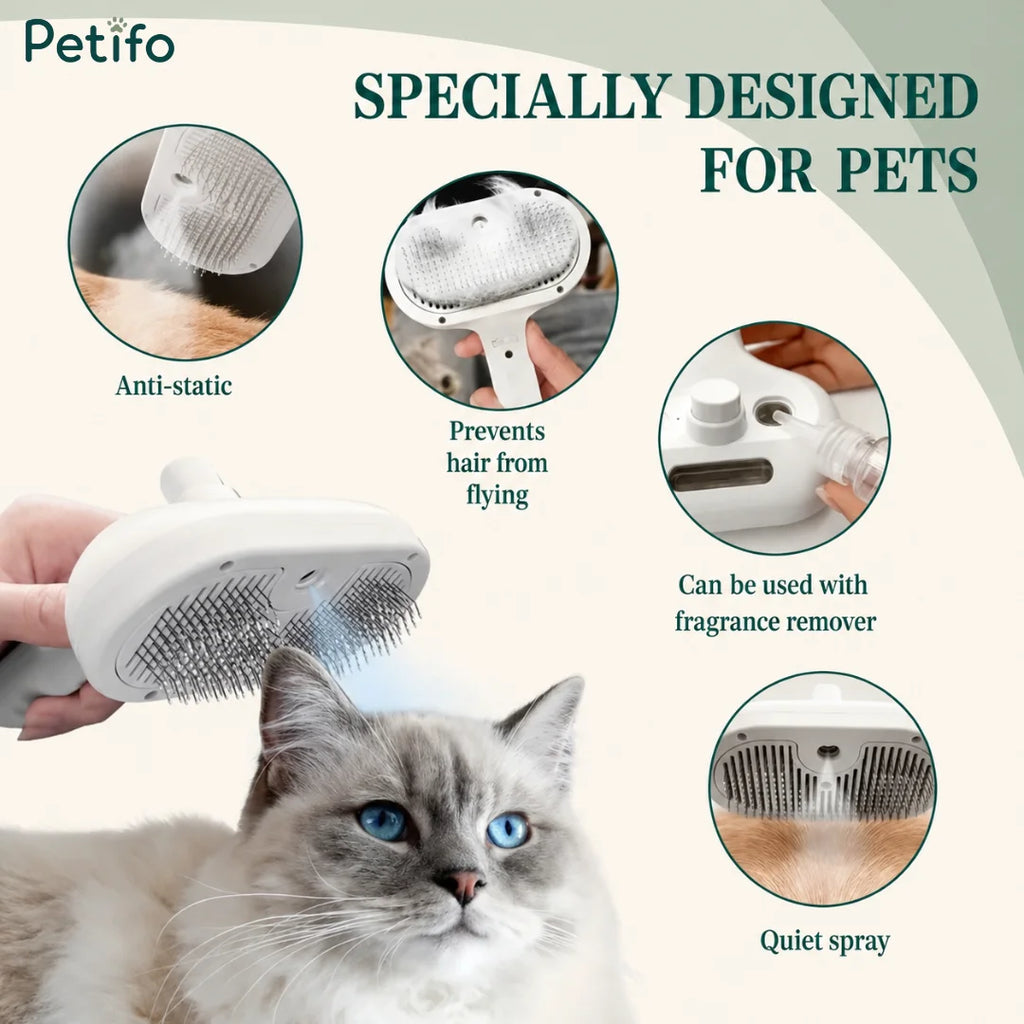 Informational graphic highlighting anti-static spray features, loose hair containment, and fragrance remover compatibility while brushing a cat.