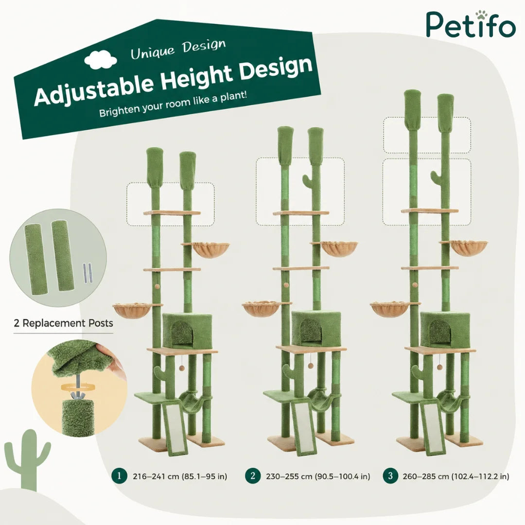 An instructional graphic showing the adjustable height design of a green cactus cat tree with three different configuration options ranging from 216cm to 285cm.