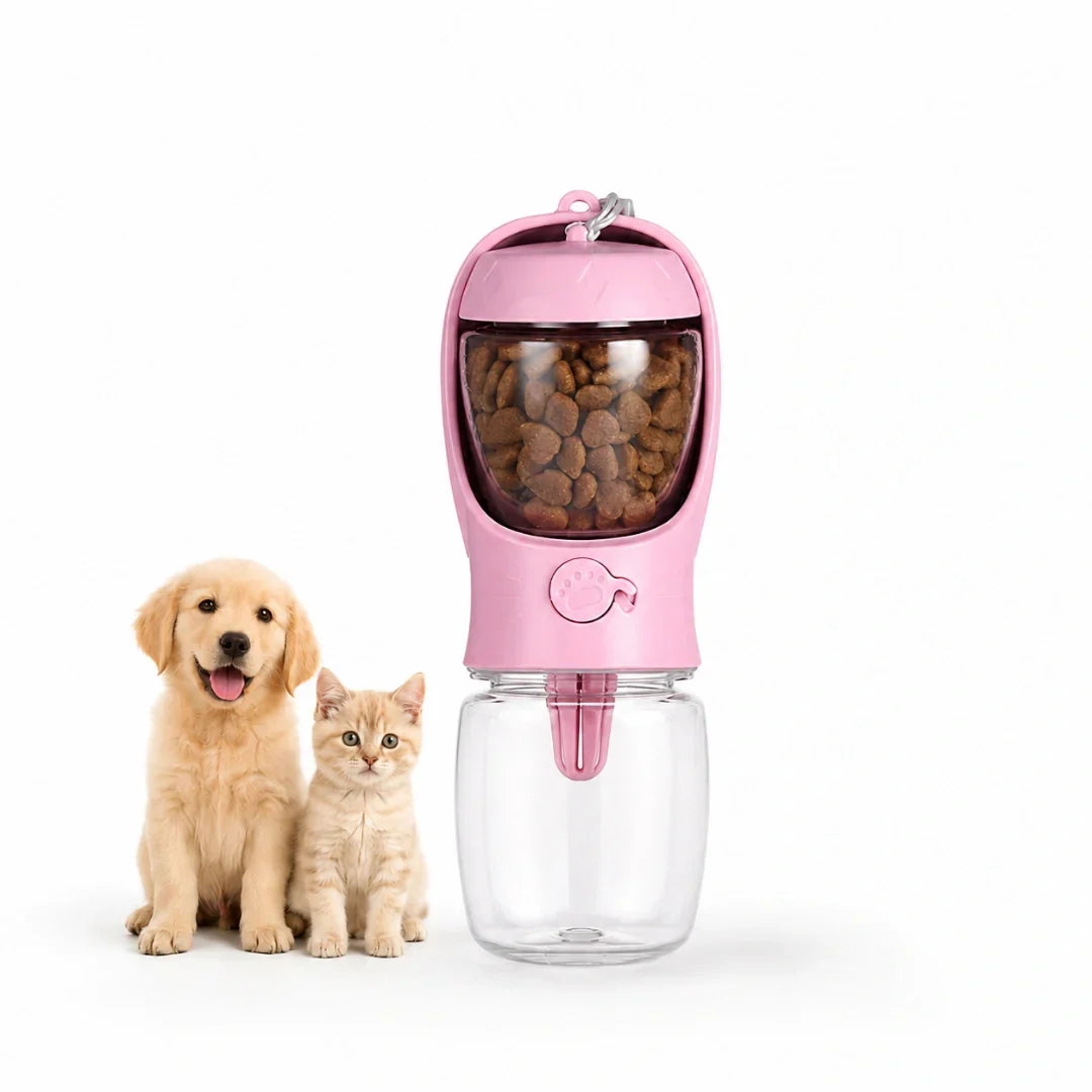 Alternative view of the pink Petifo bottle featuring the integrated food container and water chamber.