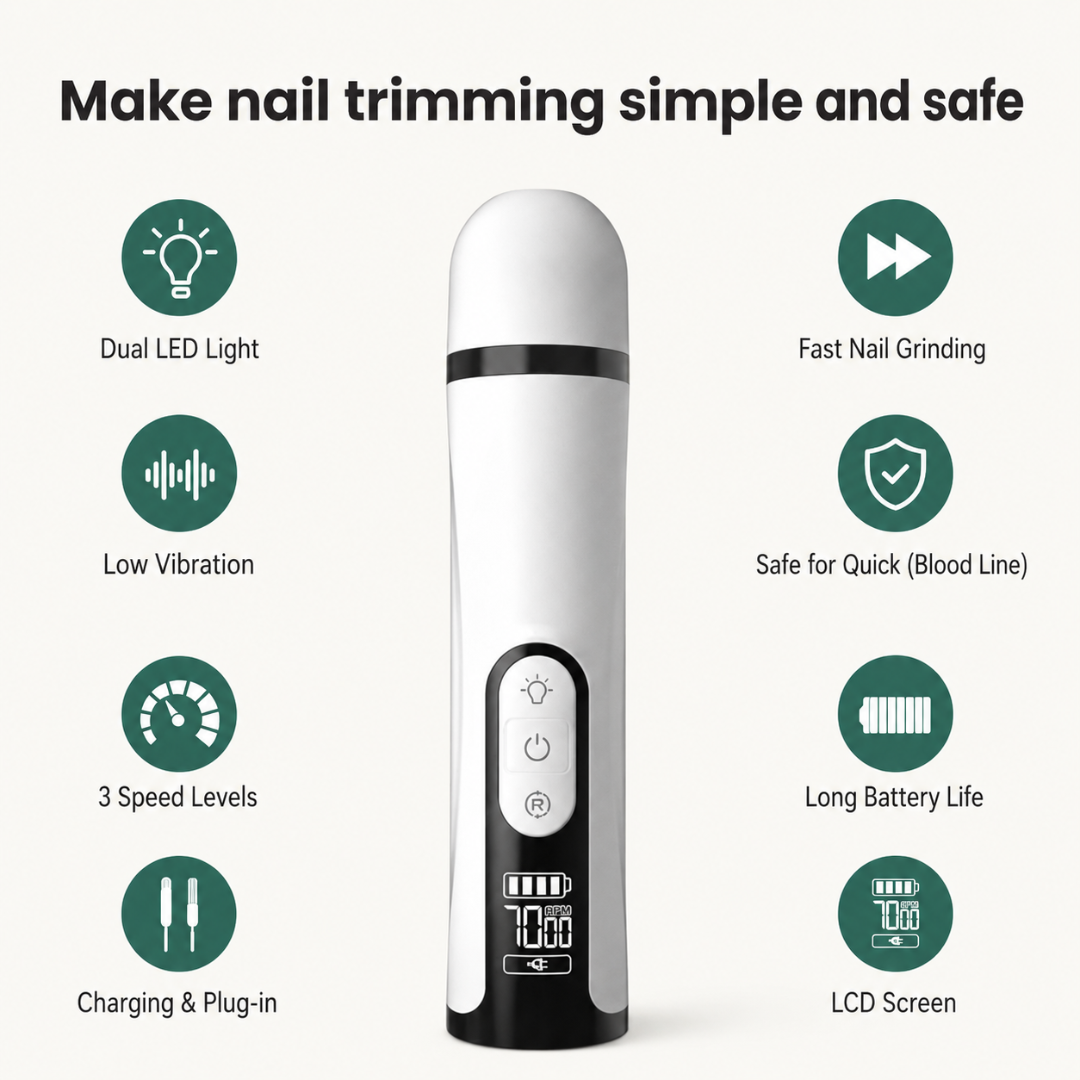 Electric pet nail grinder with an LCD screen, dual LED lights, 3 speed levels, low vibration, and rechargeable battery for safe, fast, and simple nail trimming.