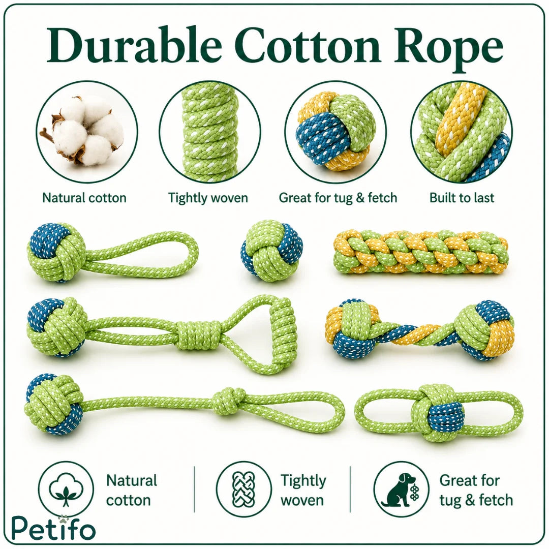 Informational overview highlighting natural cotton composition, durable weaving techniques, and features built for long-lasting tug and fetch play.
