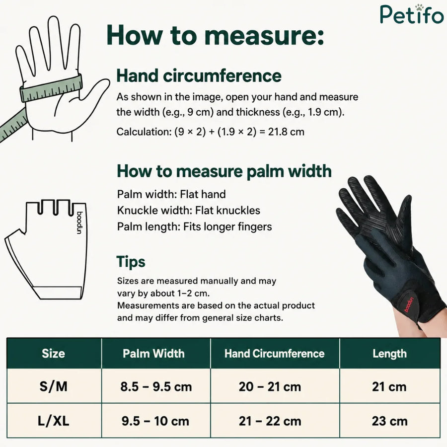 Infografica con tabella delle taglie e guida alla misurazione per guanti da equitazione con dimensioni della mano