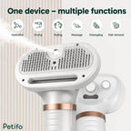 Multi-functional grooming tool graphic highlighting hydration, drying, styling, massage, detangling, and hair removal features.
