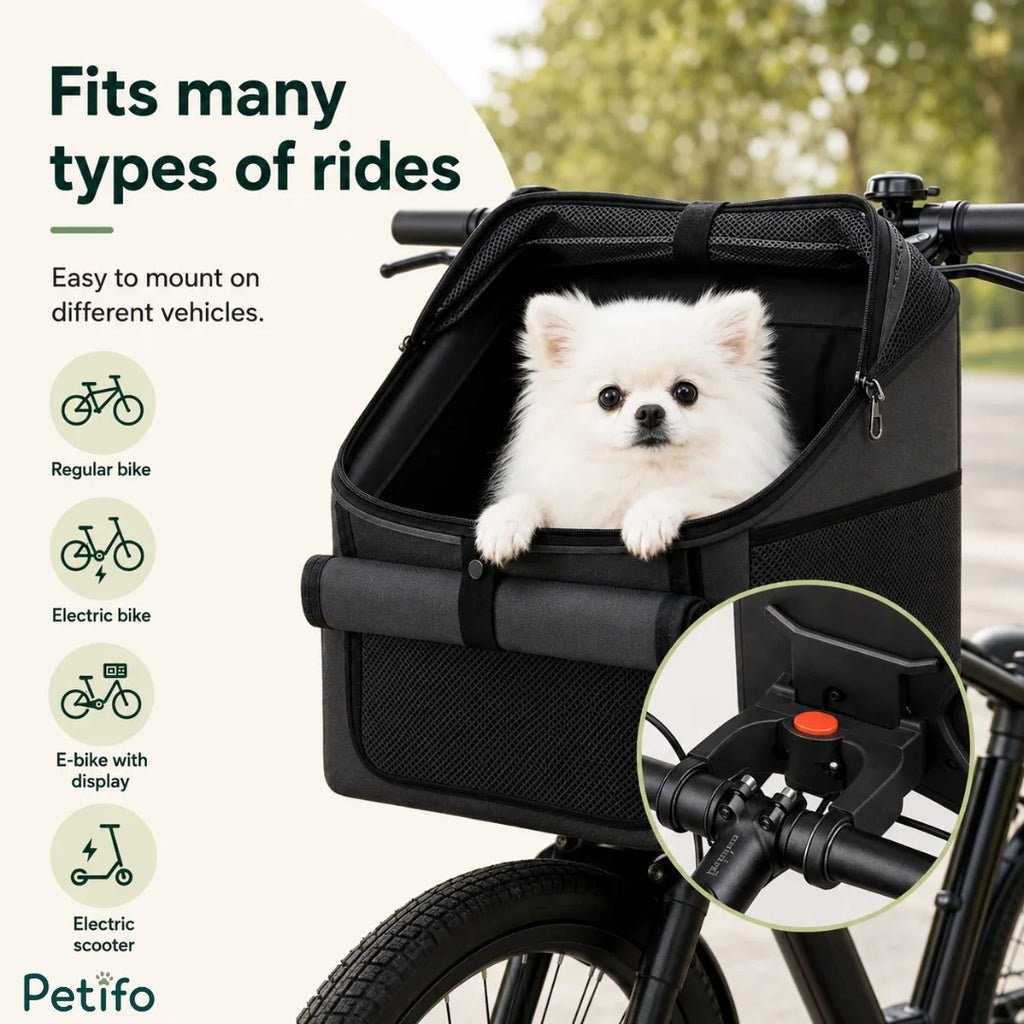 Petifo pet bike basket mounted securely on handlebars with compatibility for multiple ride types.