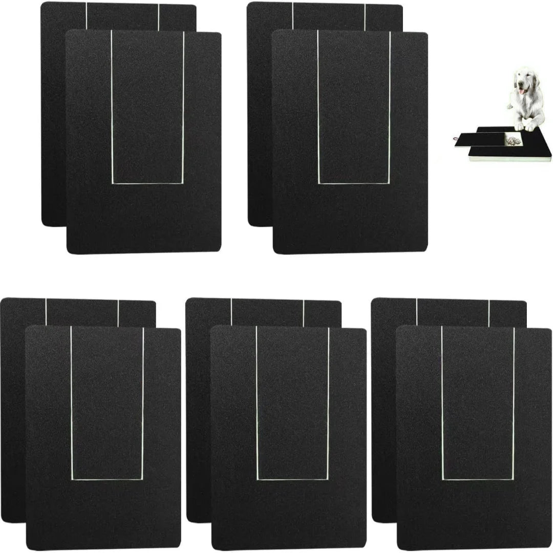 Multiple black Petifo dog scratch board replacement pads arranged in a grid with an inset showing a golden retriever using the scratch board set.