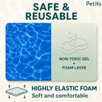 Petifo cooling mat feature graphic highlighting its non-toxic gel, foam layer, and highly elastic comfortable design.