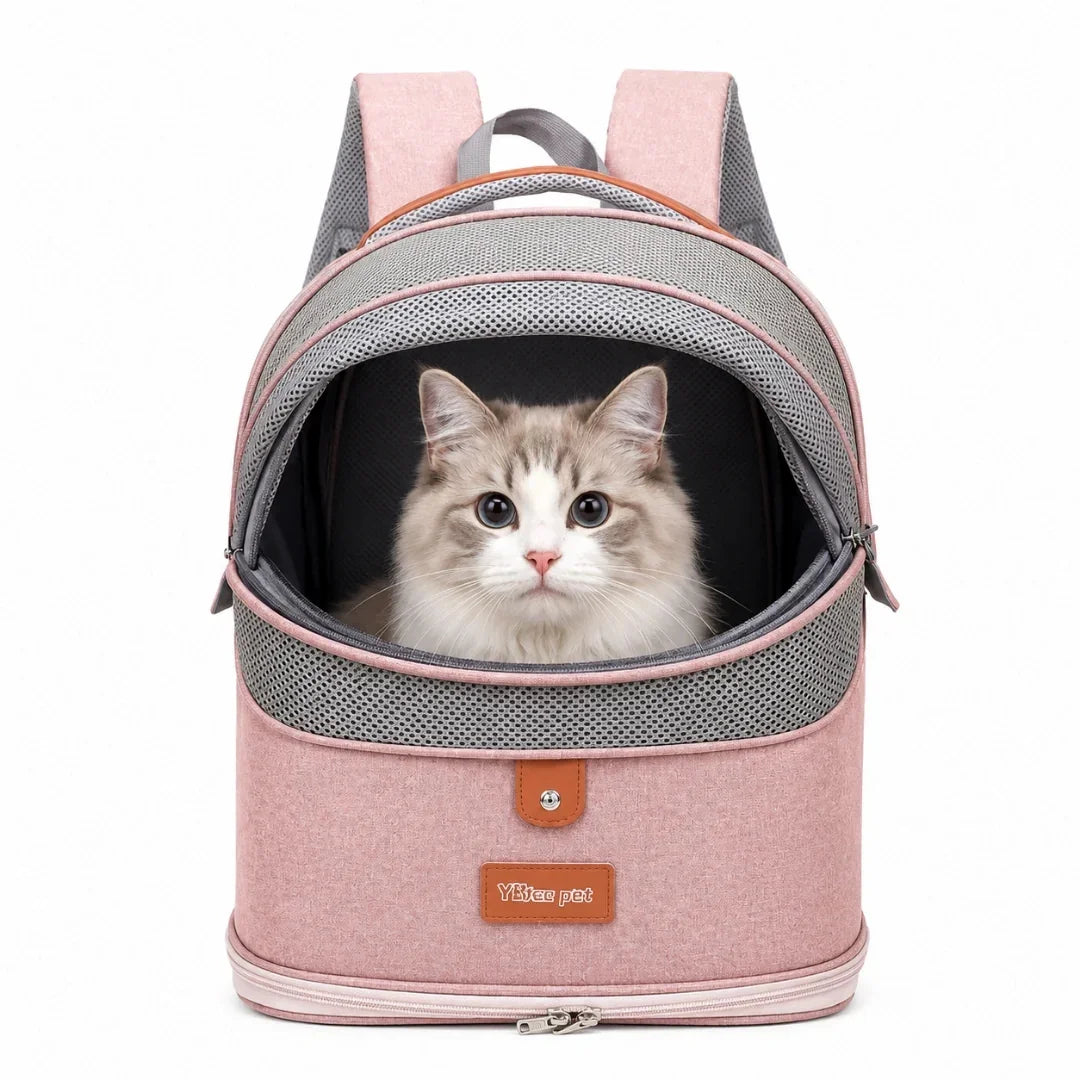 Pink breathable travel backpack featuring a mesh viewing window and an adorable cat resting inside.