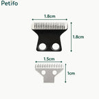 Dimensioned technical drawing showing the precise measurements of small and large pet trimmer blade heads in centimeters.