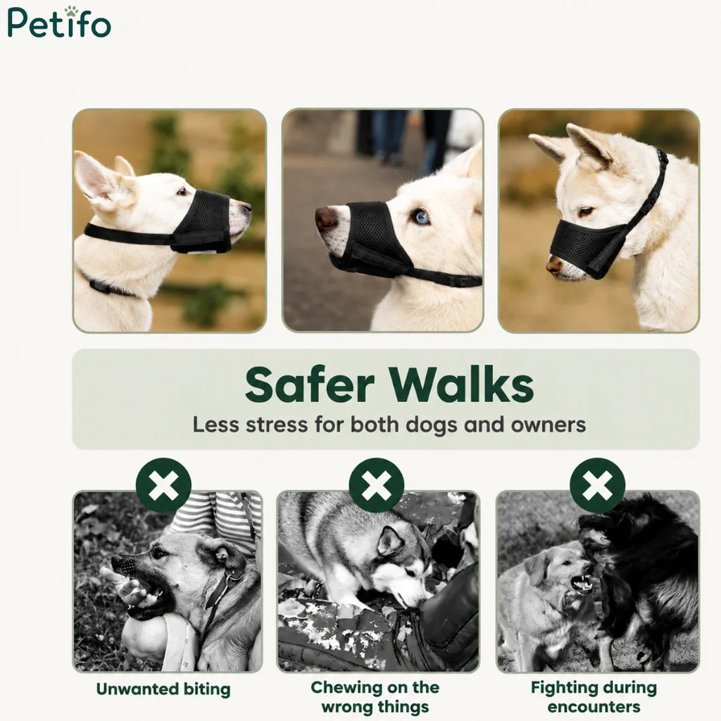 Demonstration photos showing how the black mesh muzzle helps prevent unwanted biting, chewing, and fighting during walks.