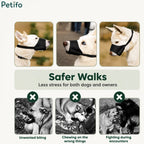Demonstration photos showing how the black mesh muzzle helps prevent unwanted biting, chewing, and fighting during walks.