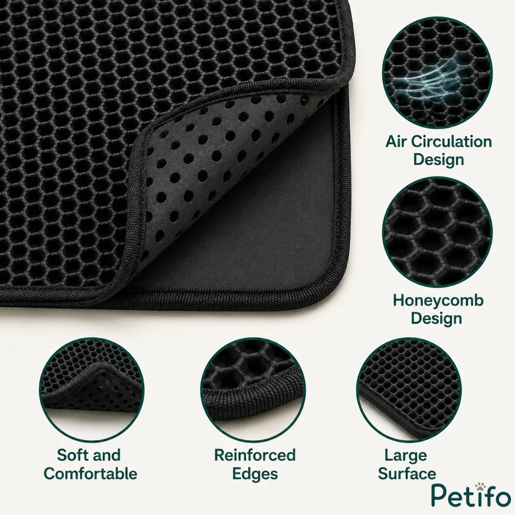Product feature diagram highlighting air circulation, honeycomb design, soft texture, and reinforced edges