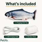 Product package contents including floppy fish toy USB charging cable and vibration motor