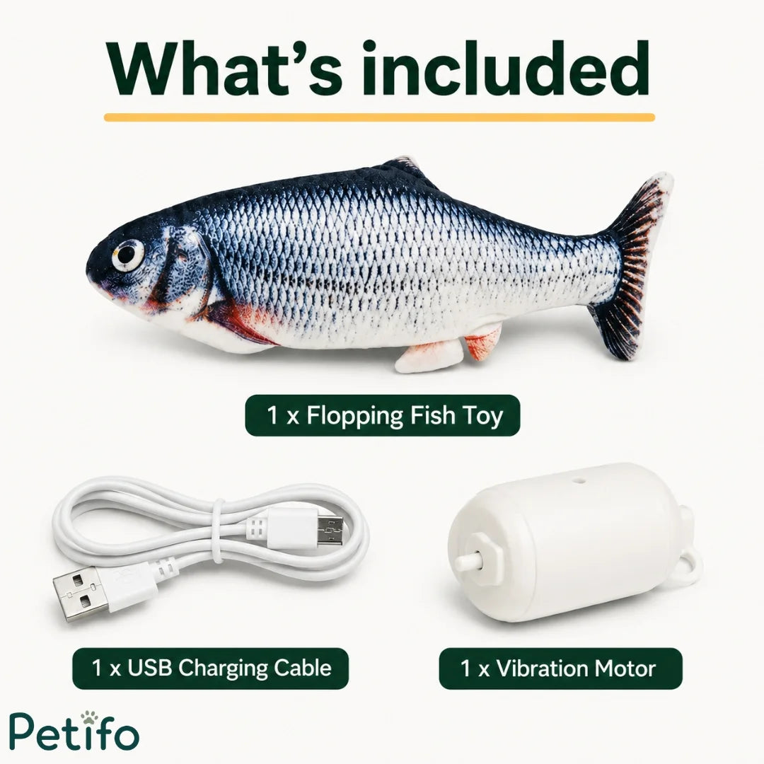 Product package contents including floppy fish toy USB charging cable and vibration motor