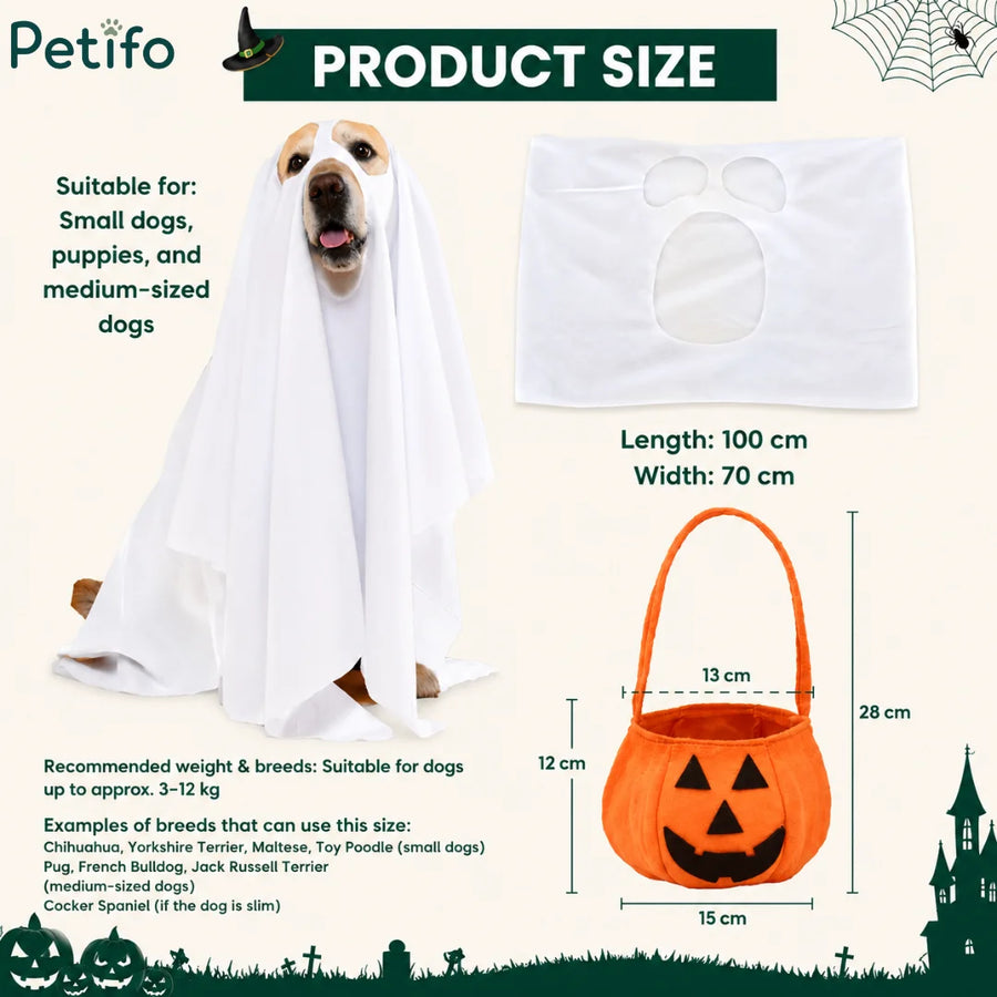 Diagramma delle misure del prodotto che mostra lunghezza, larghezza, pesi consigliati degli animali domestici e dimensioni del simpatico cestino a forma di zucca per il costume da fantasma per cani.