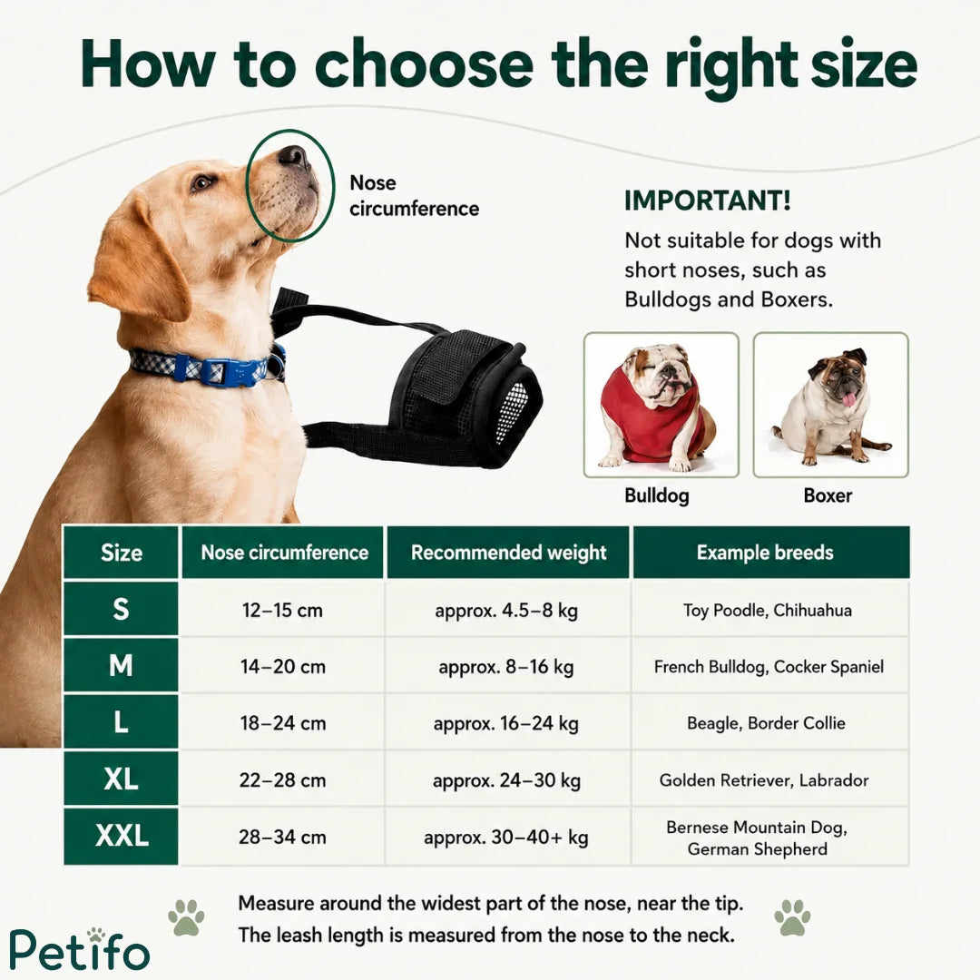 Size chart and measuring guide for the dog muzzle detailing nose circumferences and weight ranges from size S to XXL.