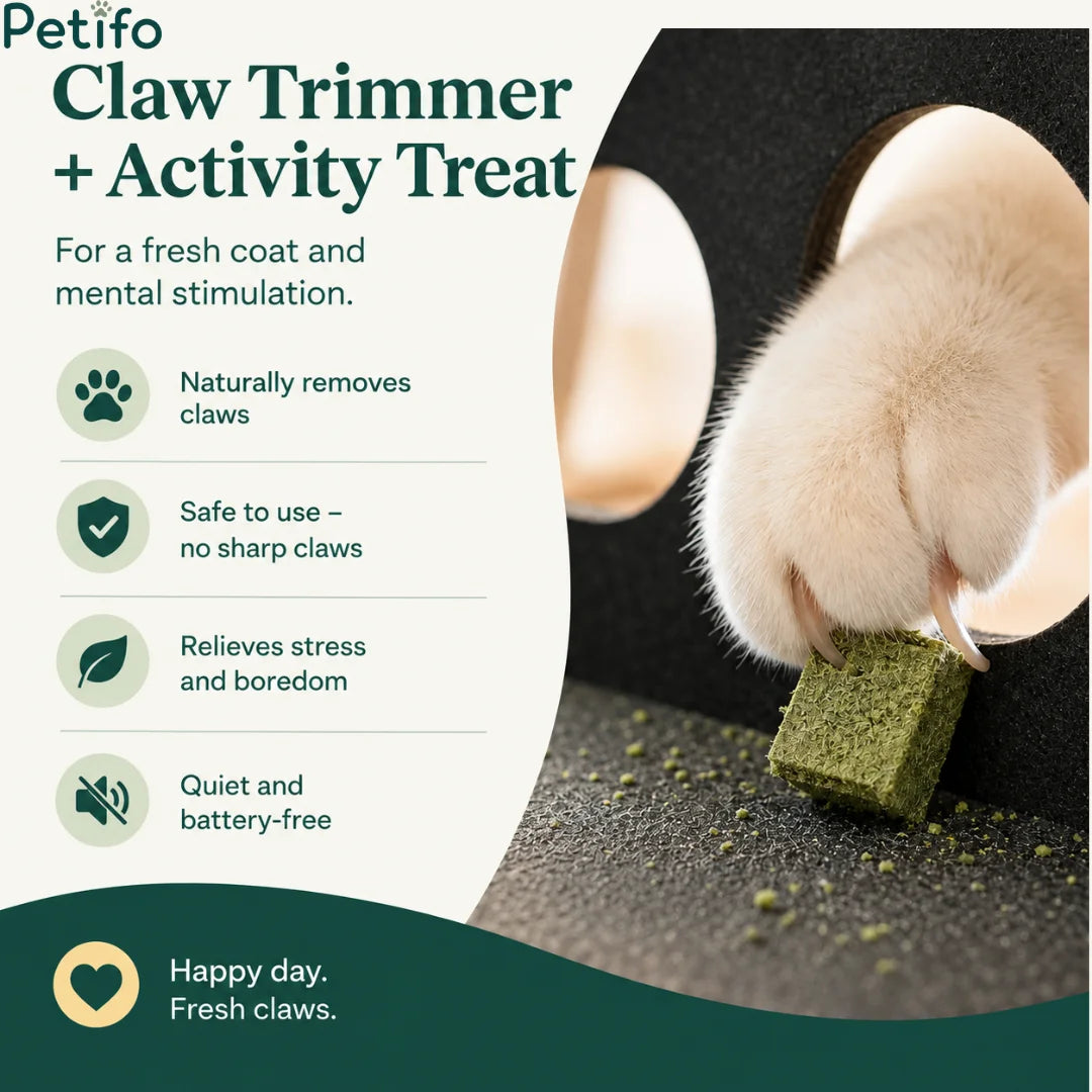 Promotional banner highlighting a natural claw trimmer and activity treat box that safely relieves stress and boredom.