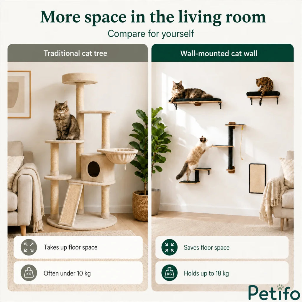 Comparison graphic highlighting how a wall-mounted Petifo cat climbing set saves more floor space than a traditional cat tree.