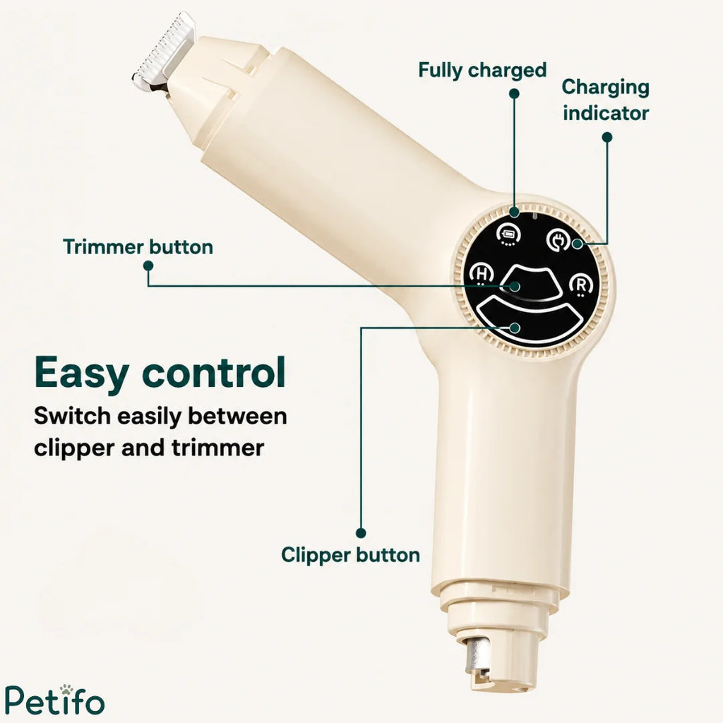 Control panel layout of the pet trimmer showing separate clipper and trimmer buttons alongside a charging indicator light.