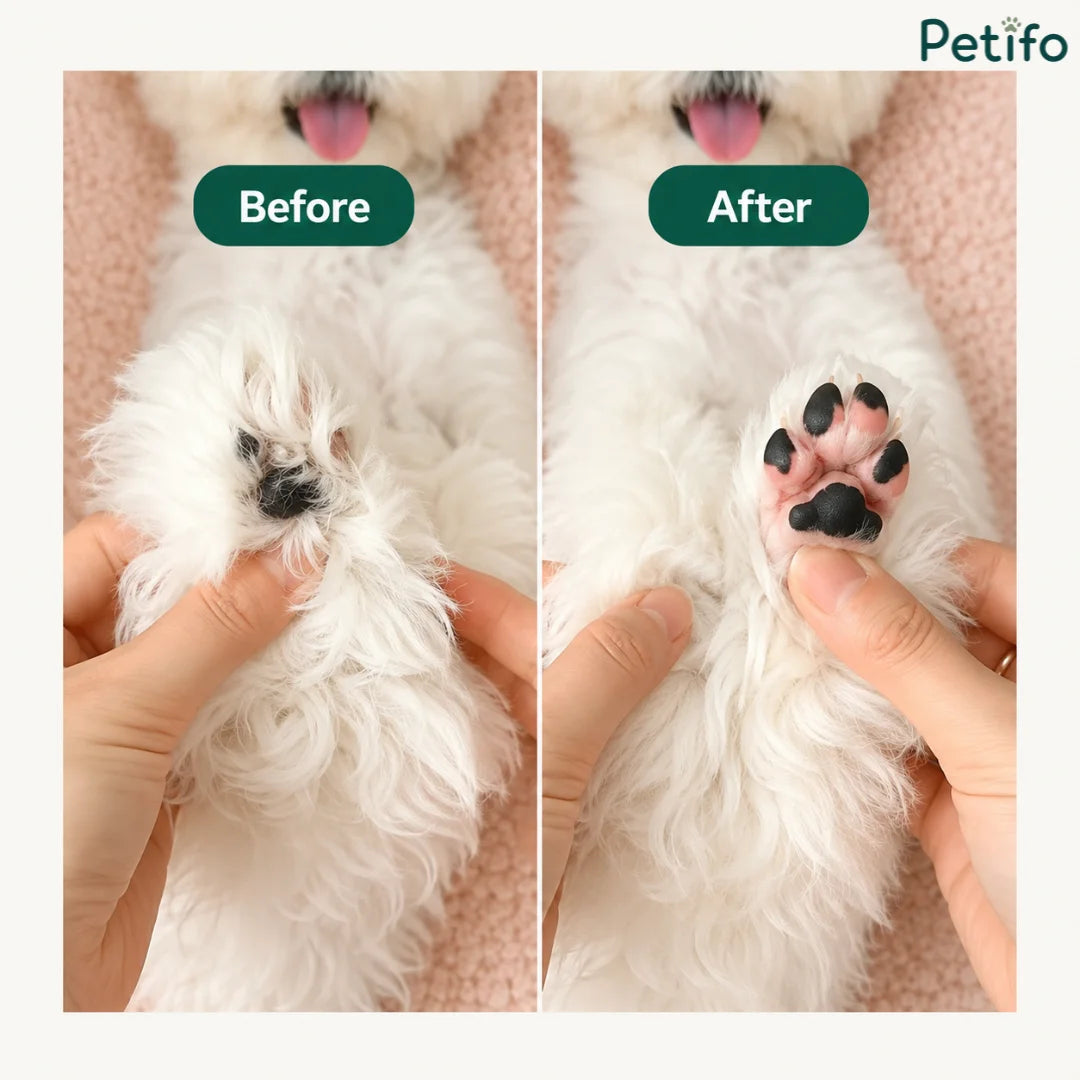 A side-by-side comparison showing a white fluffy puppy's paw before and after trimming with a pet grooming tool.