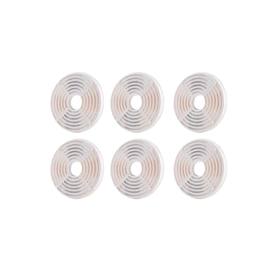 Pack of six circular replacement filters for automatic pet water dispensers.