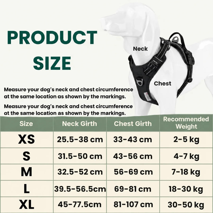 Tabella guida alle taglie per pettorine per cani con misure dalla XS alla XL.