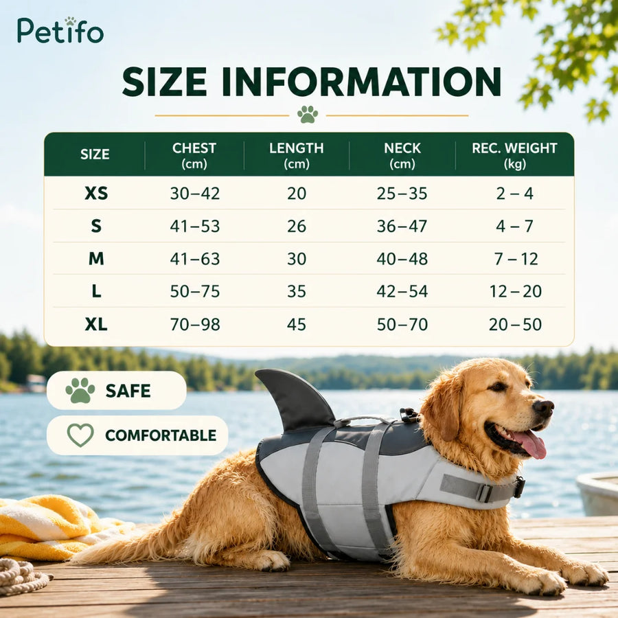 Infografica della tabella delle taglie dei giubbotti salvagente per cani Petifo mostrata accanto a un Golden Retriever che riposa su un pontile.