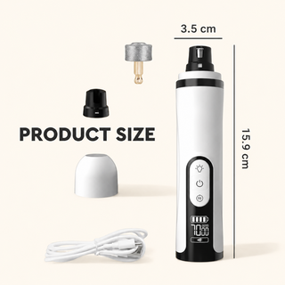 Detailed product size dimensions for an electric pet nail grinder, showing a total height of 15.9 cm and a width of 3.5 cm,