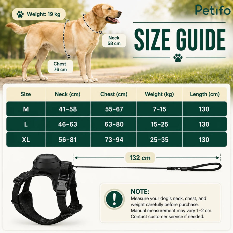 Tabella completa delle taglie per la pettorina per cani con misure di collo, torace, peso e lunghezza del guinzaglio per le taglie M, L e XL.