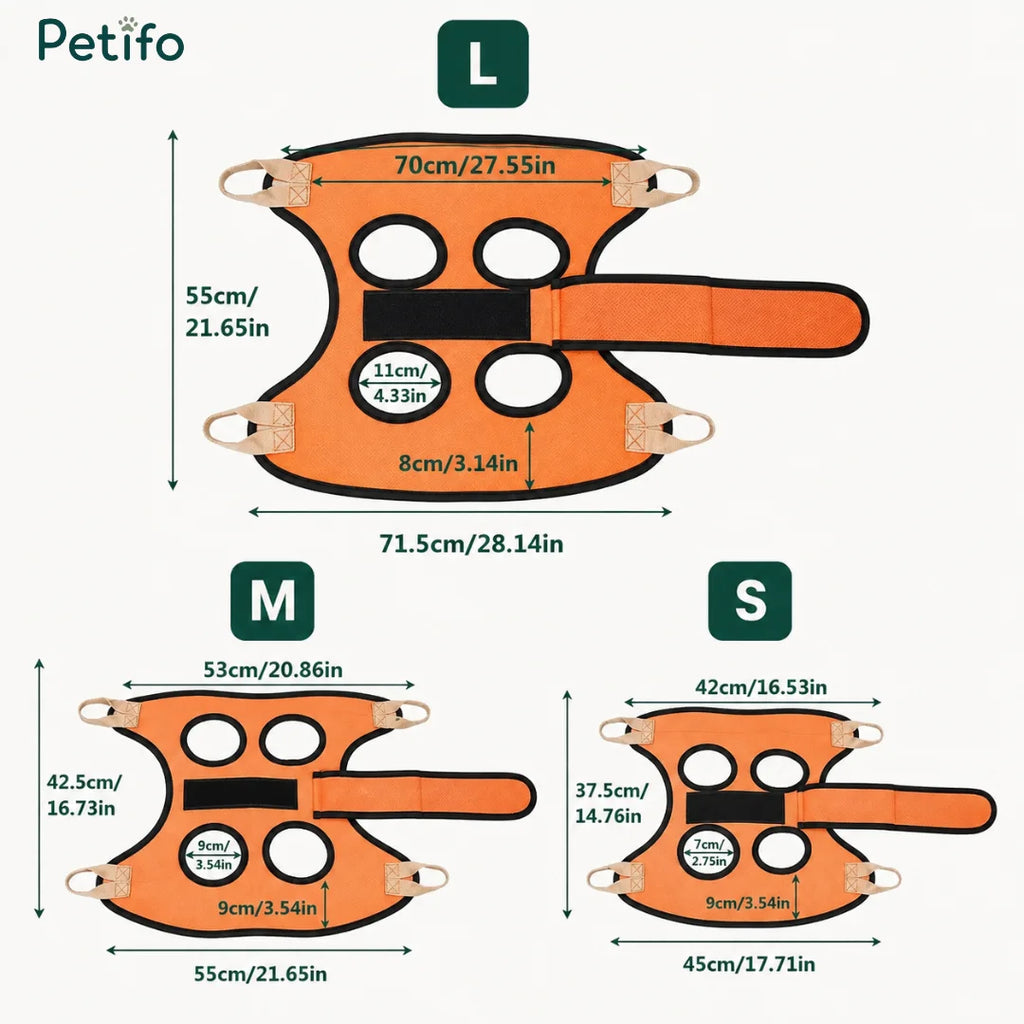 Product sizing diagram for the Petifo pet grooming hammock displaying exact measurements for sizes L, M, and S.