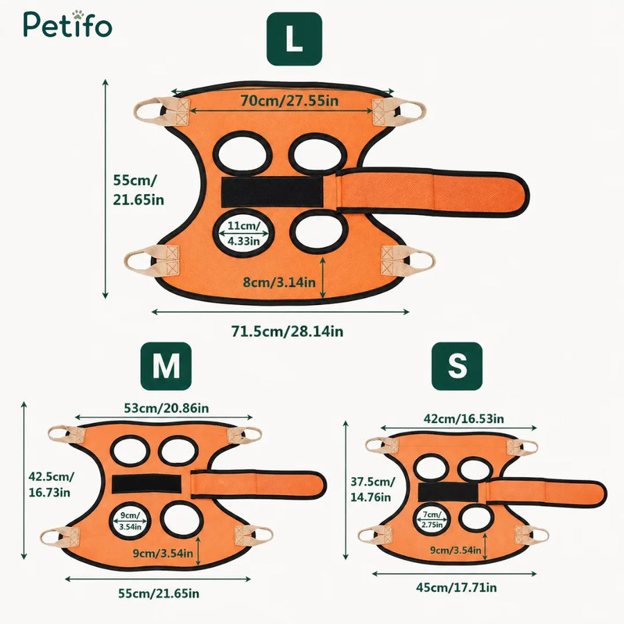 Diagramma delle taglie del prodotto per l'amaca da toelettatura per animali Petifo, con le misure esatte per le taglie L, M e S.