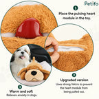 Step-by-step instruction guide demonstrating how to insert the pulsing heart module into the soft dog anxiety toy using secure Velcro.