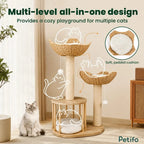 All-in-one multi-level cat tree playground featuring soft padded cushions inside woven baskets next to a modern room.