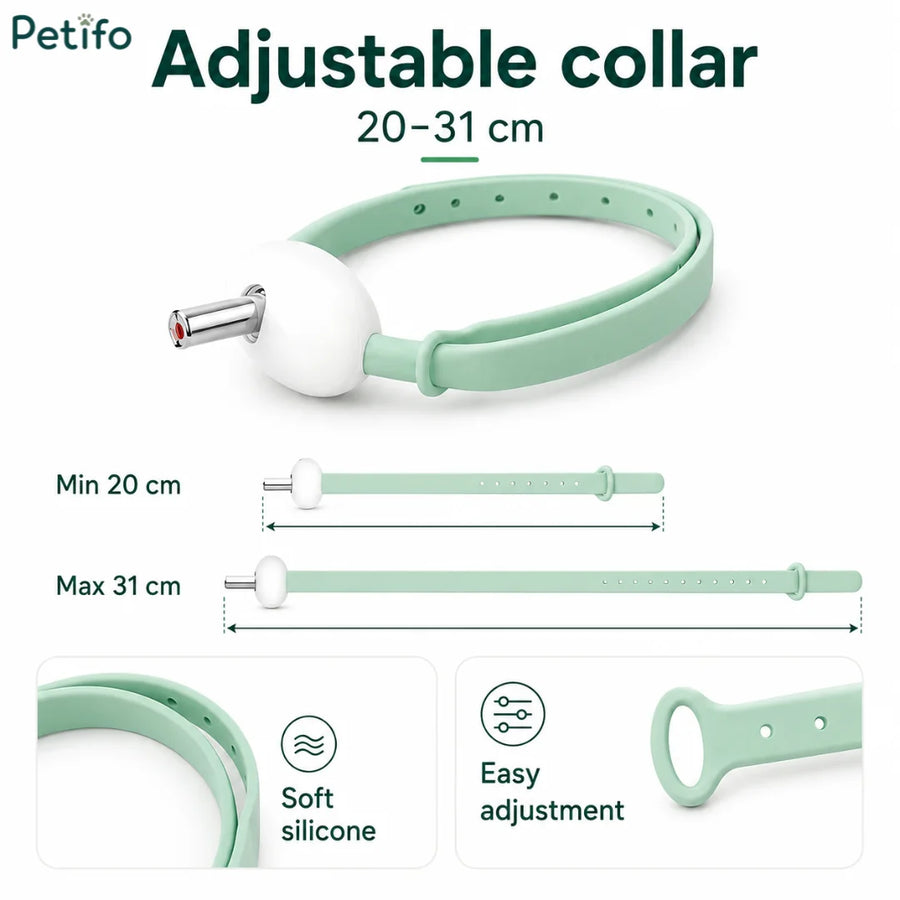 Guida alle taglie del collare regolabile Petifo, con un intervallo da 20 a 31 cm, materiale in morbido silicone e meccanismo di regolazione facile.