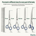 Size guide displaying five different stainless steel grooming tools ranging from 13 cm to 19 cm for full-body pet care.
