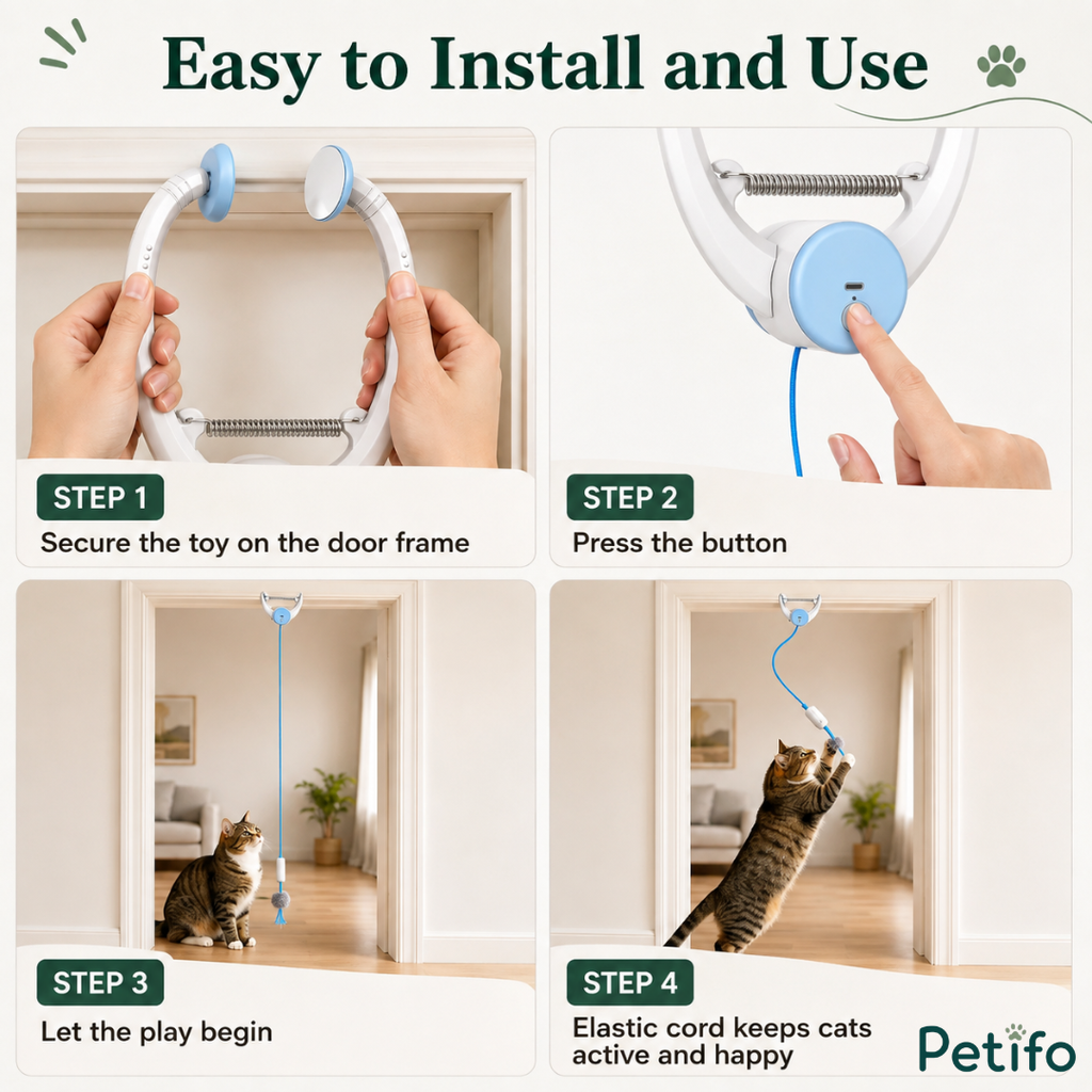Step-by-step installation and usage guide for setting up the interactive cat toy on a door frame.