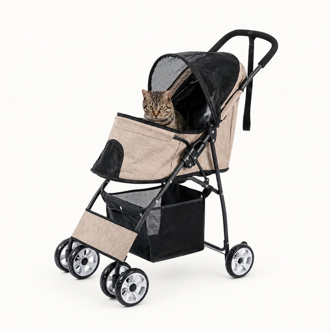 Beige Petifo pet stroller featuring a comfortable interior carriage with a cat sitting inside.
