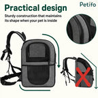 Sturdy structured gray pet backpack designed to maintain its shape during travel.