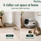 Before and after room comparison highlighting a messy open litter tray compared to a tidy, stylish enclosed cat litter box setup.