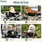Petifo pet bike basket demonstrating versatile use cases for daily cycling, outdoor trips, city rides, and traveling.